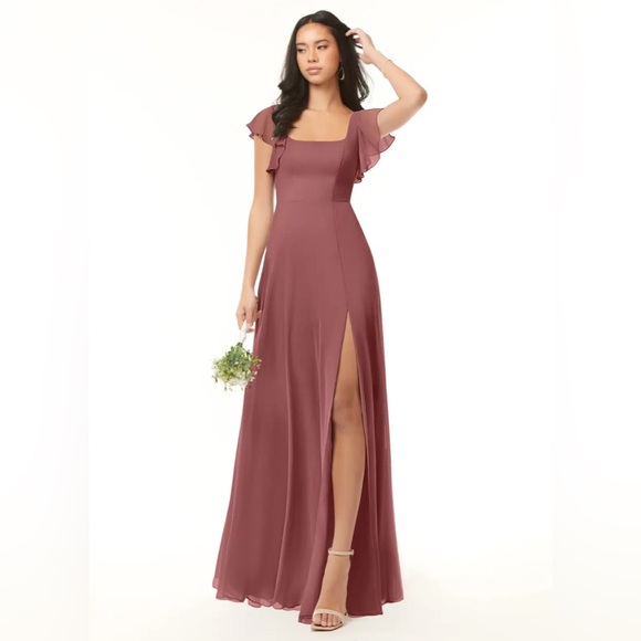 Azazie Dresses & Skirts - Azazie Bondi Amethyst Mauve Flutter Sleeve Square Neck Slit Bridesmaid Dress NWT